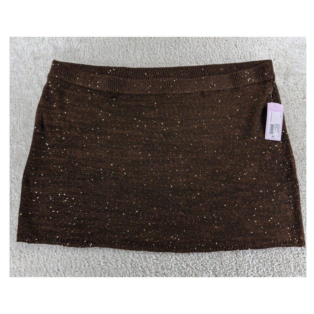 Wild Fable Womens 2X Dark Brown Gold Sequin Knit Mini Skirt New With Tags